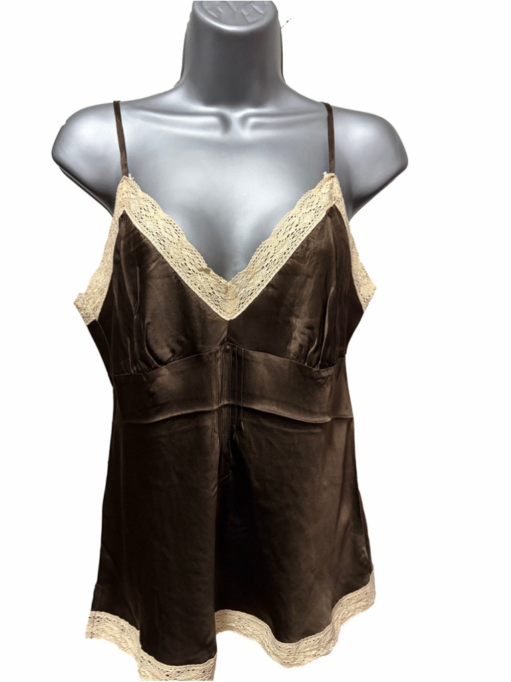 NWT Gold Hawk Silk Camisole with lace trim in Hersey Kiss size large